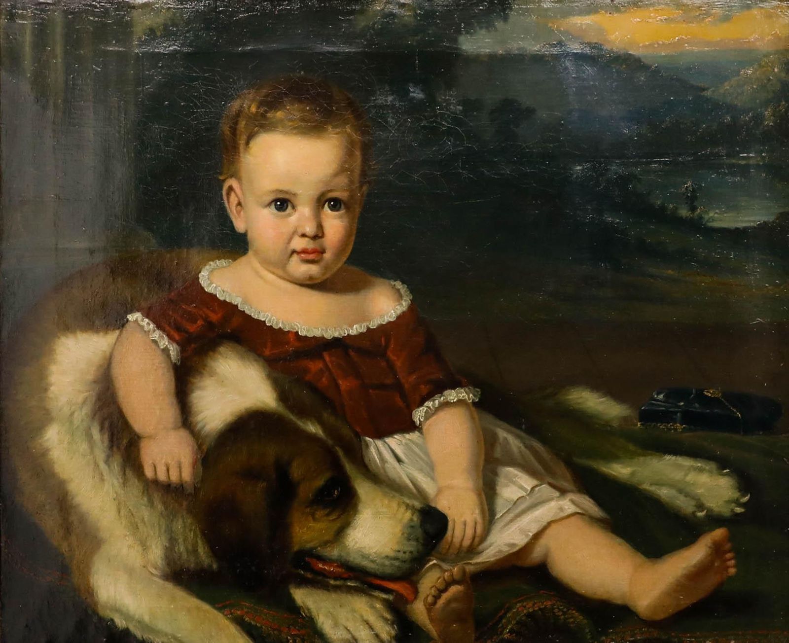 American School 19th Century Oil Portrait Of A Child With A Saint Bernard photo furniture