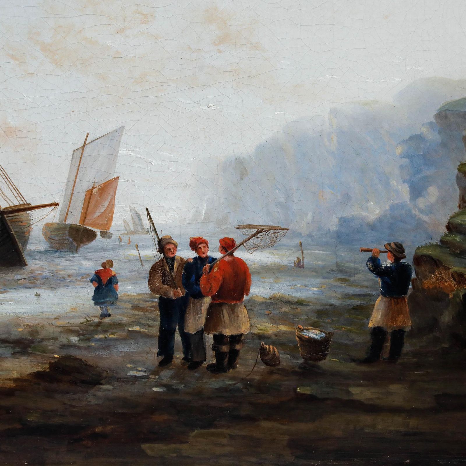 Framed 19th Century Oil Fisherfolk Working On The Shore photo Art
