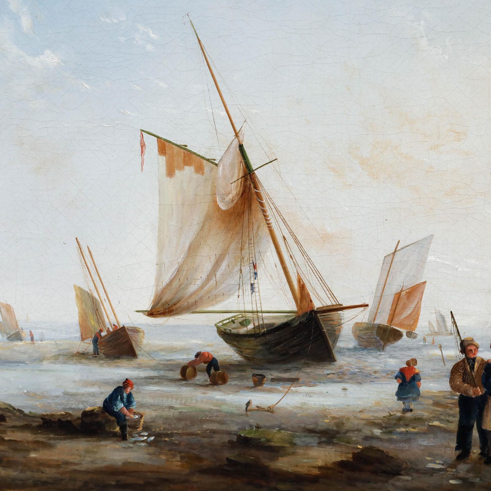 Framed 19th Century Oil Fisherfolk Working On The Shore photo 550.0