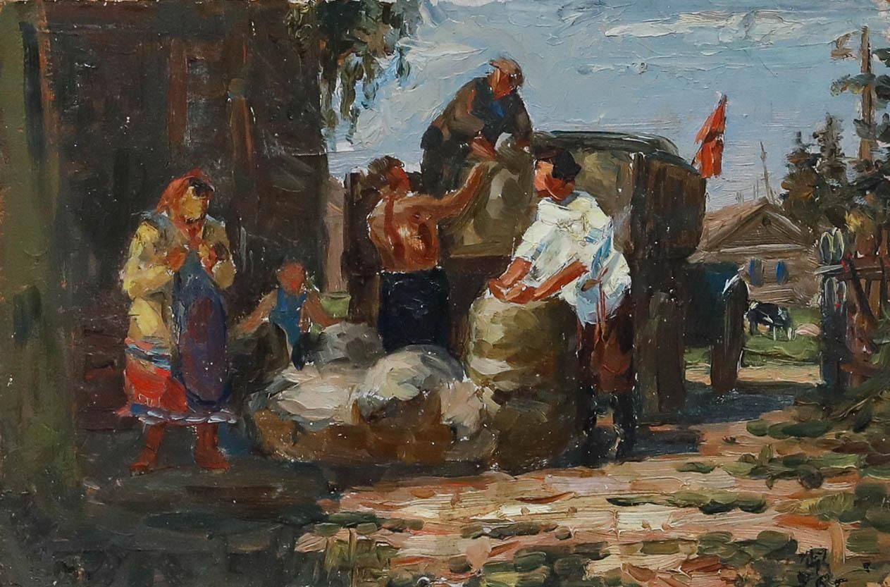 Attrib. Ivan Aleksandrovich Koslov (B.1920) 1956 Oil, Gathering Potatoes photo furniture