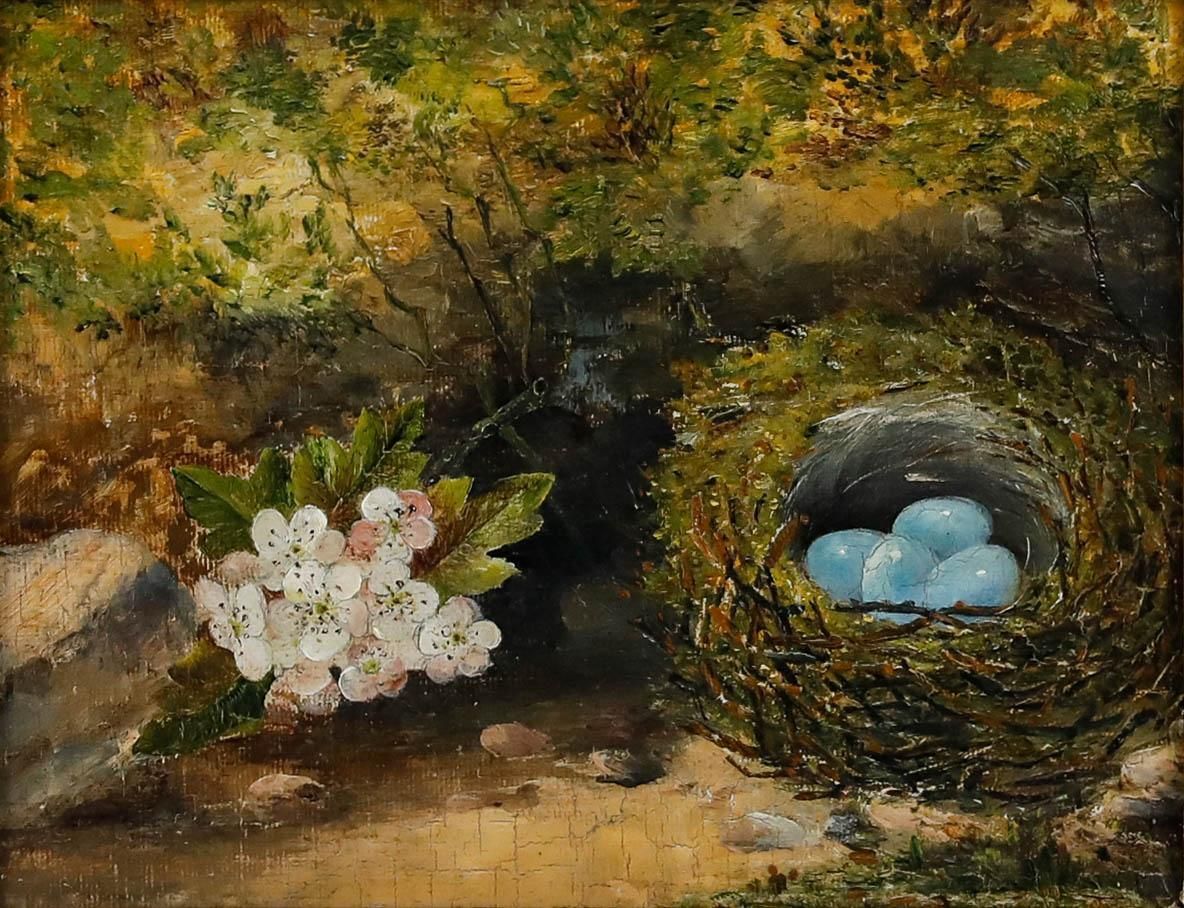 Framed Early 20th Century Oil May Blossom And Hedge Sparrow's Nest photo furniture