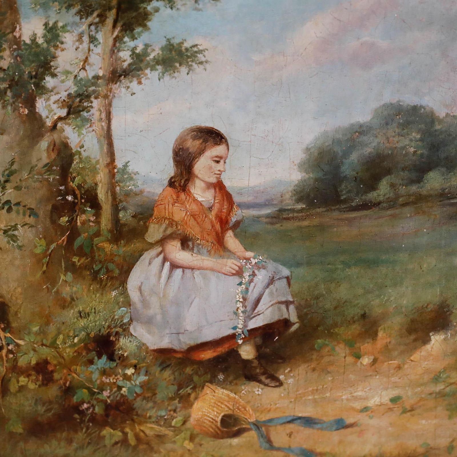 Framed Late 19th Century Oil Making Flower Garlands In The Meadow photo Art