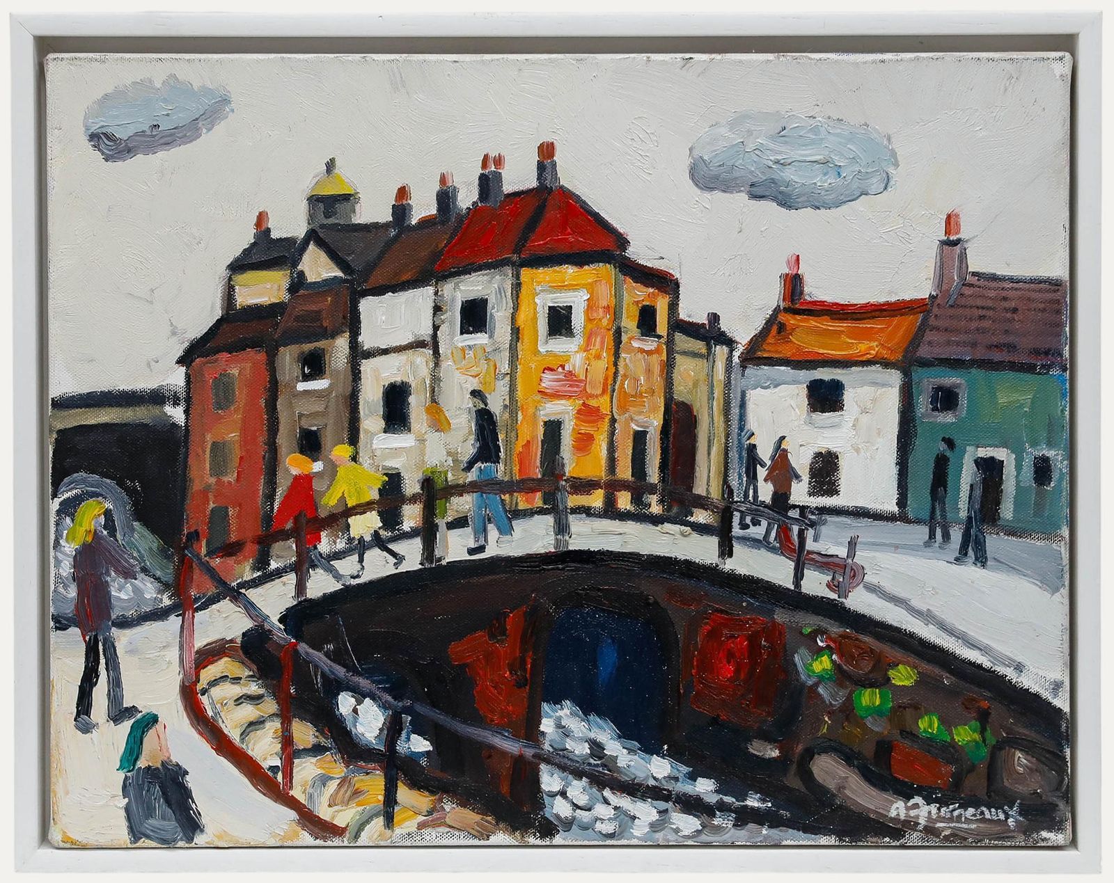 Alan Furneaux (B.1953) Framed Contemporary Oil, Figures On The Footbridge