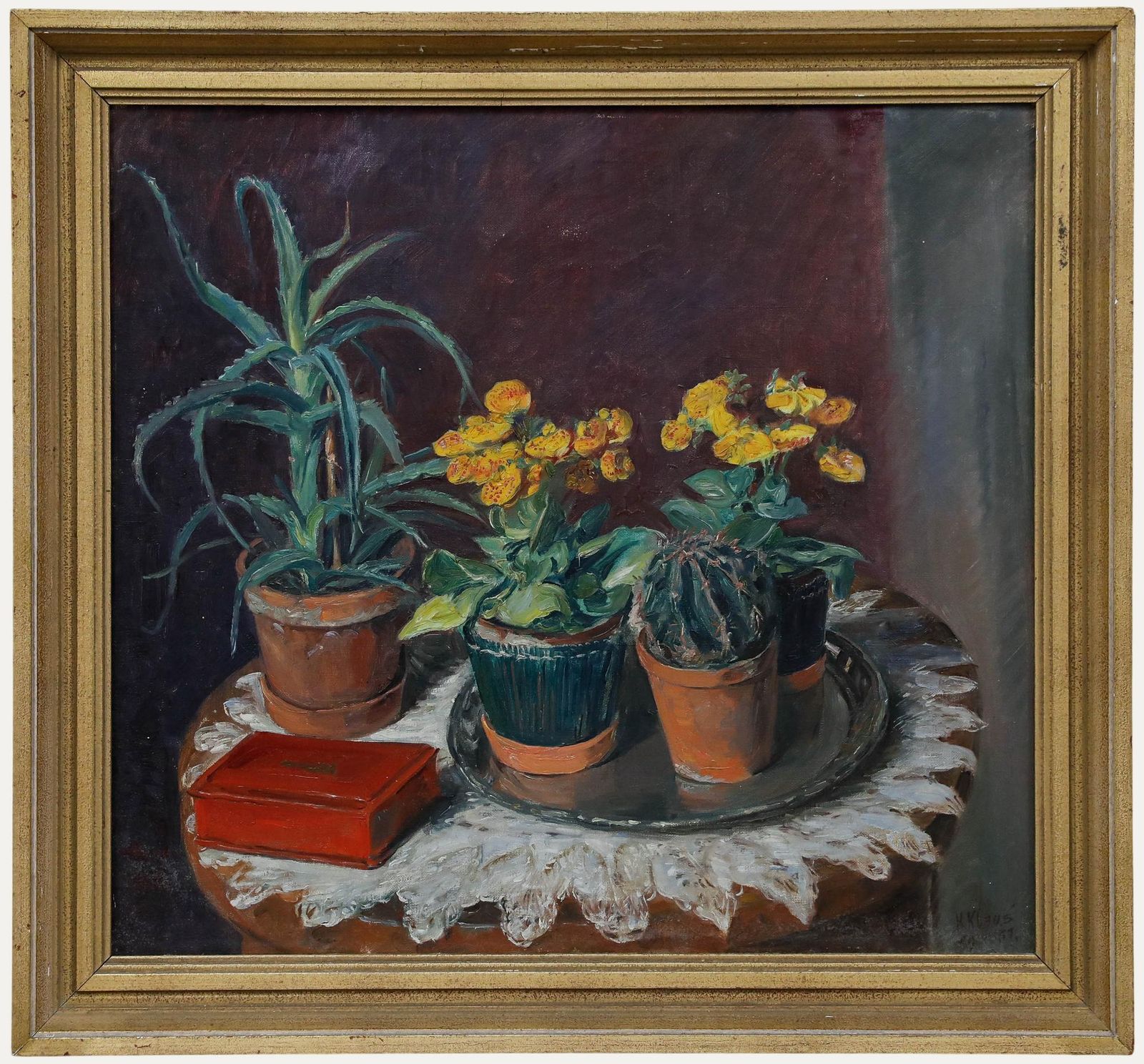 Kasper Klaus (1874 1941) Framed 1937 Oil, Still Life Of Potted Houseplants