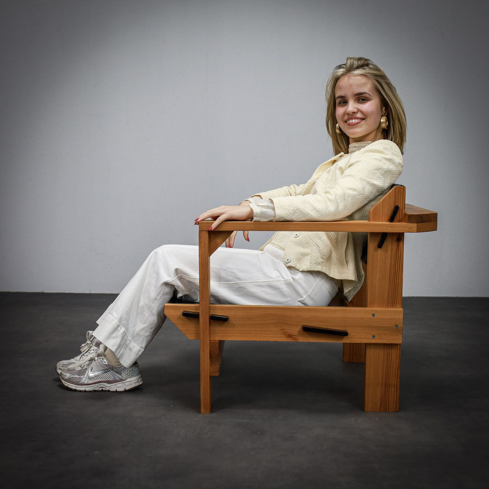 Extremely Rare Pair Of Dutch Solid Pine Lounge Chairs By Wouter Fens, 1960s photo vinterior