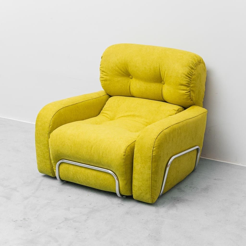 Vintage 1970s Green Armchair With Metal Frame – Italian Modern Design