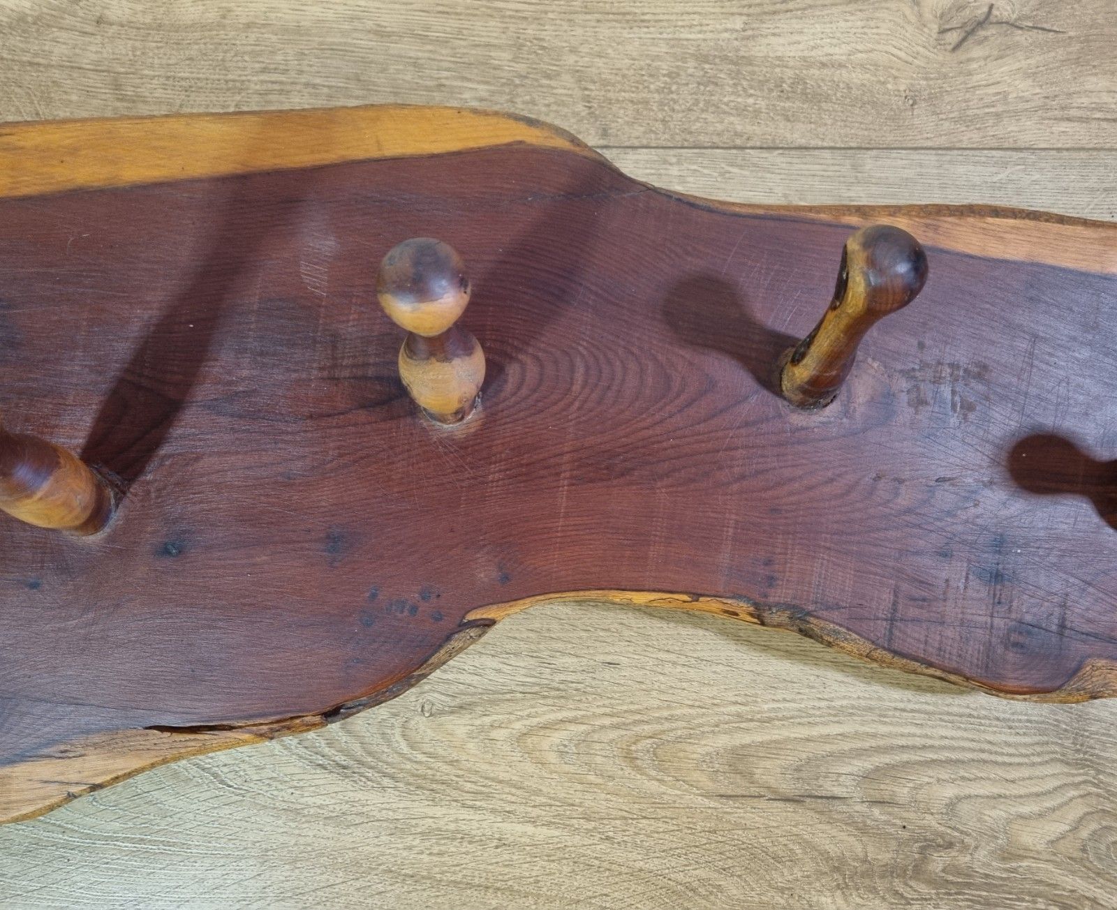 Vintage Yew Coat Rack Live Waney Edge 5 Wooden Peg Hook Rustic Heavy Reclaimed photo Furniture