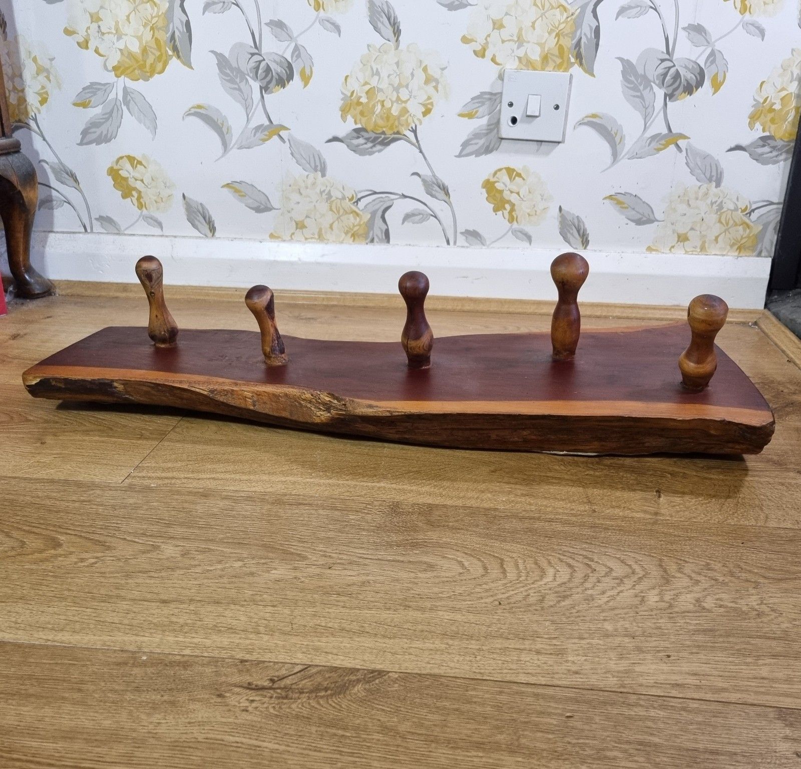 photo for sale Vintage Yew Coat Rack Live Waney Edge 5 Wooden Peg Hook Rustic Heavy Reclaimed