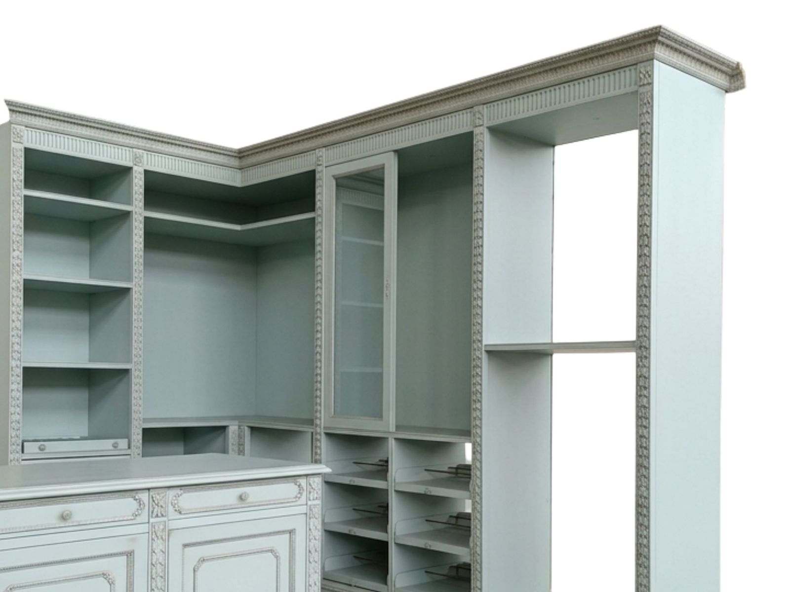 Cabina Armadio Aperta Classica In Tonalità Celeste/Grigio Perla Con Isola Centrale Multifunzione photo vinterior
