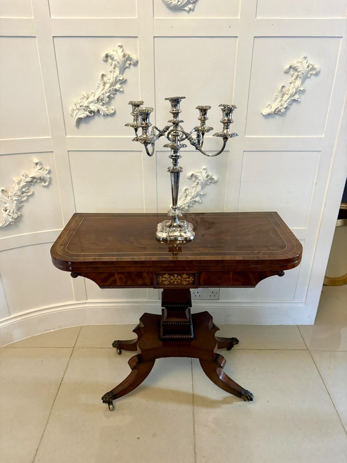 Antique English 19th Century Mahogany Brass Inlaid Fold Over Sidetable photo for sale