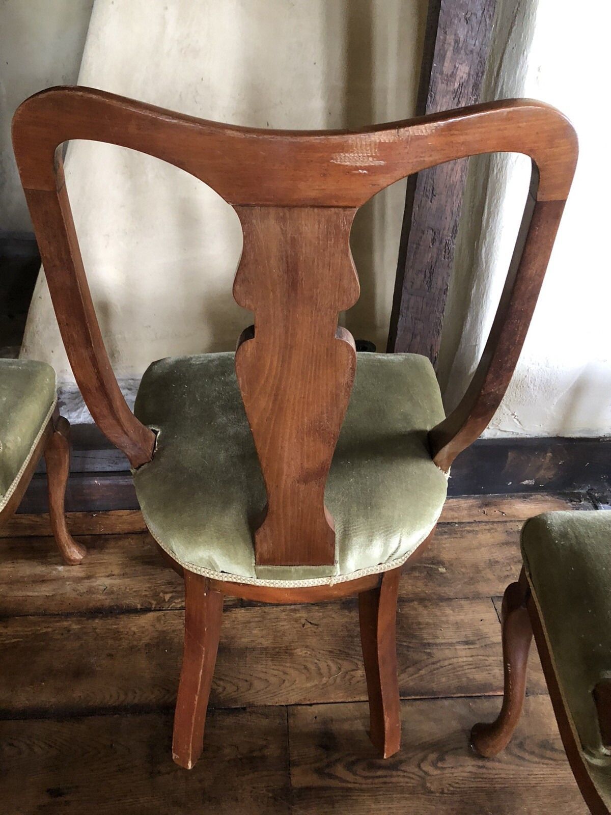 Elegantly Curved Queen Anne Vintage Antique Olive Green Velvet Chairs X 4 photo vintage