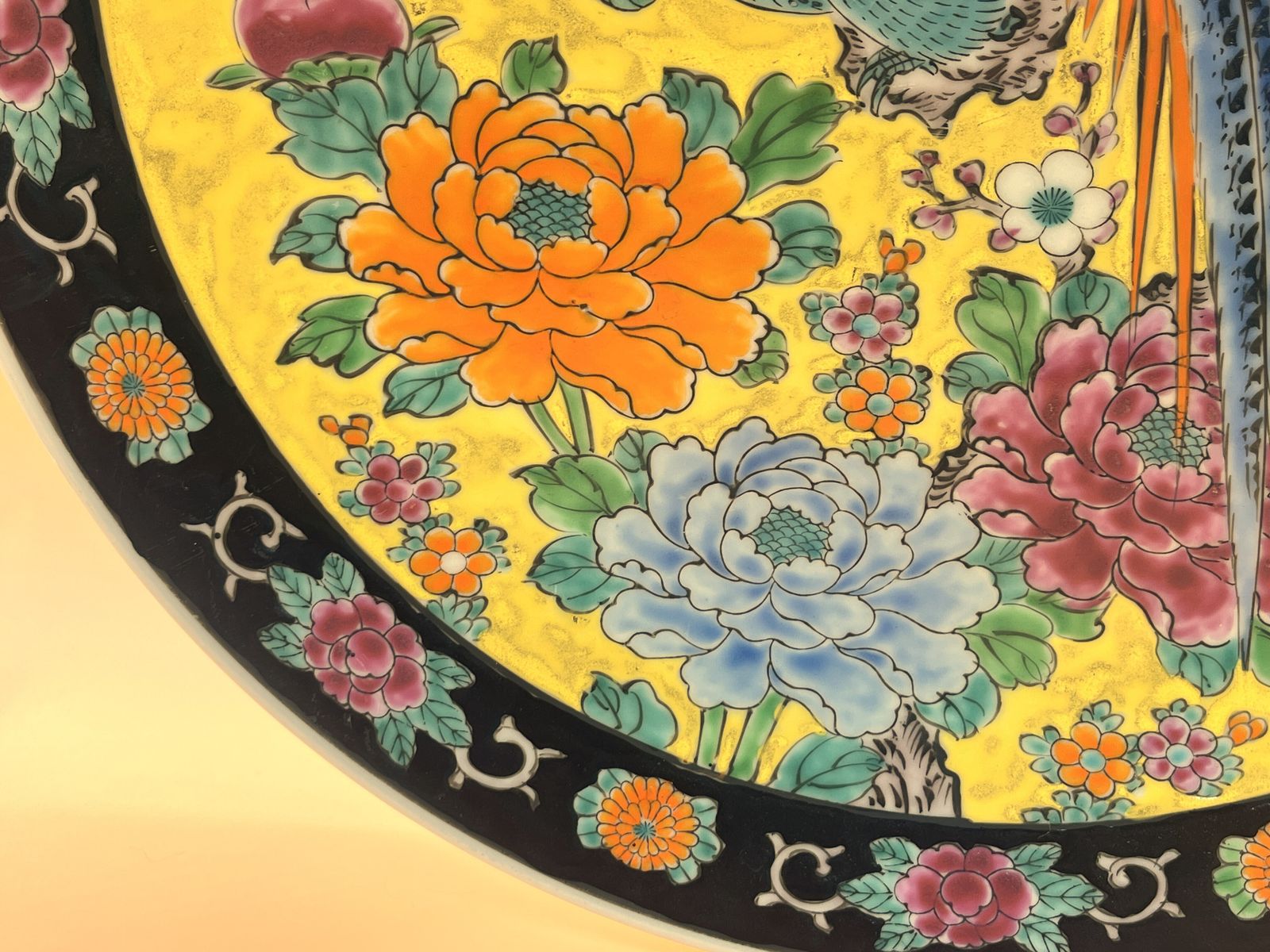 Antique Japanese Meiji Taisho Yamatoku Ware Wall Plaque / Charger, Asiatic Pheasants, Lotus And Dogwood Flowers. C1910. photo Art