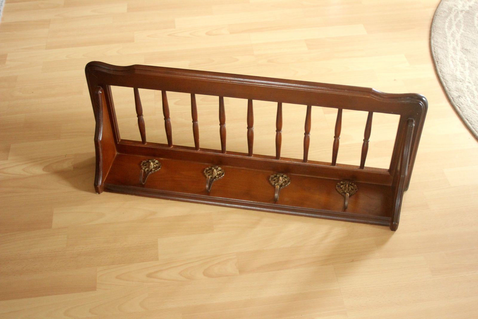 Wall Mounted Coat Rack  Made Of Walnut Wood With 4 Brass Hooks   Vintage From The 50s photo furniture