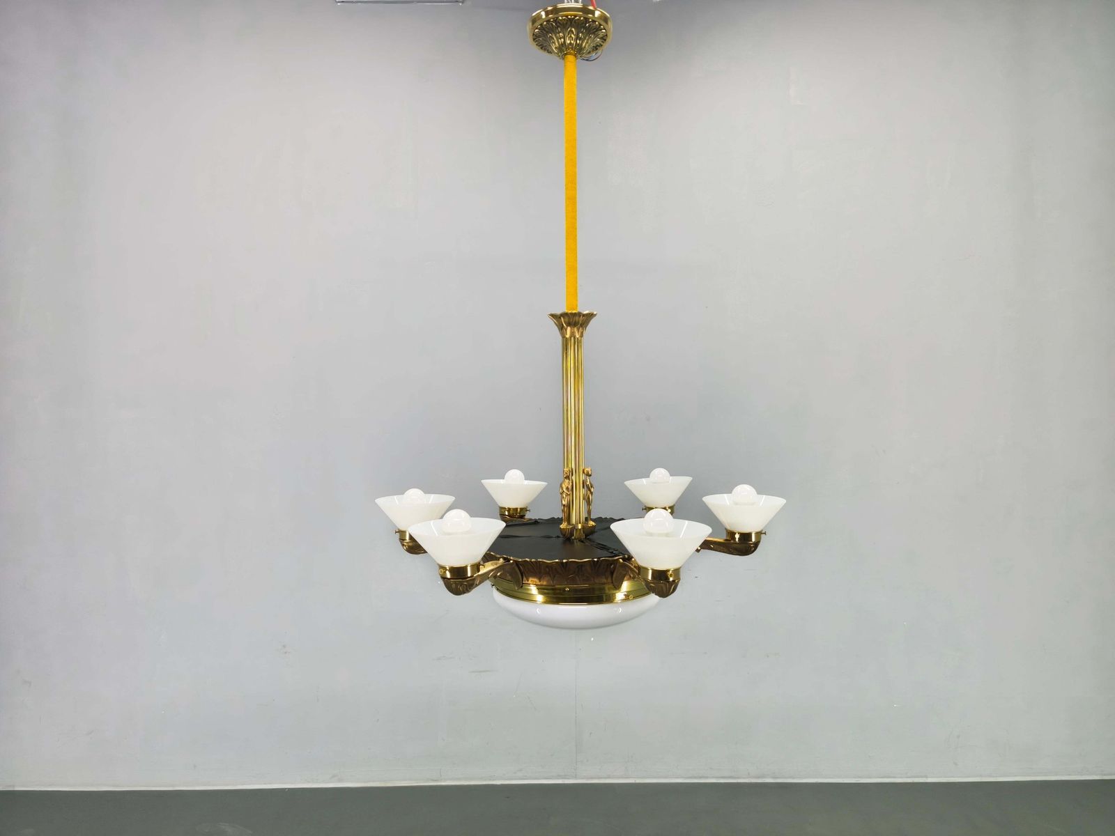 Art Deco Brass Chandelier With Glass Shades, Czechoslovakia, 1930s photo for sale