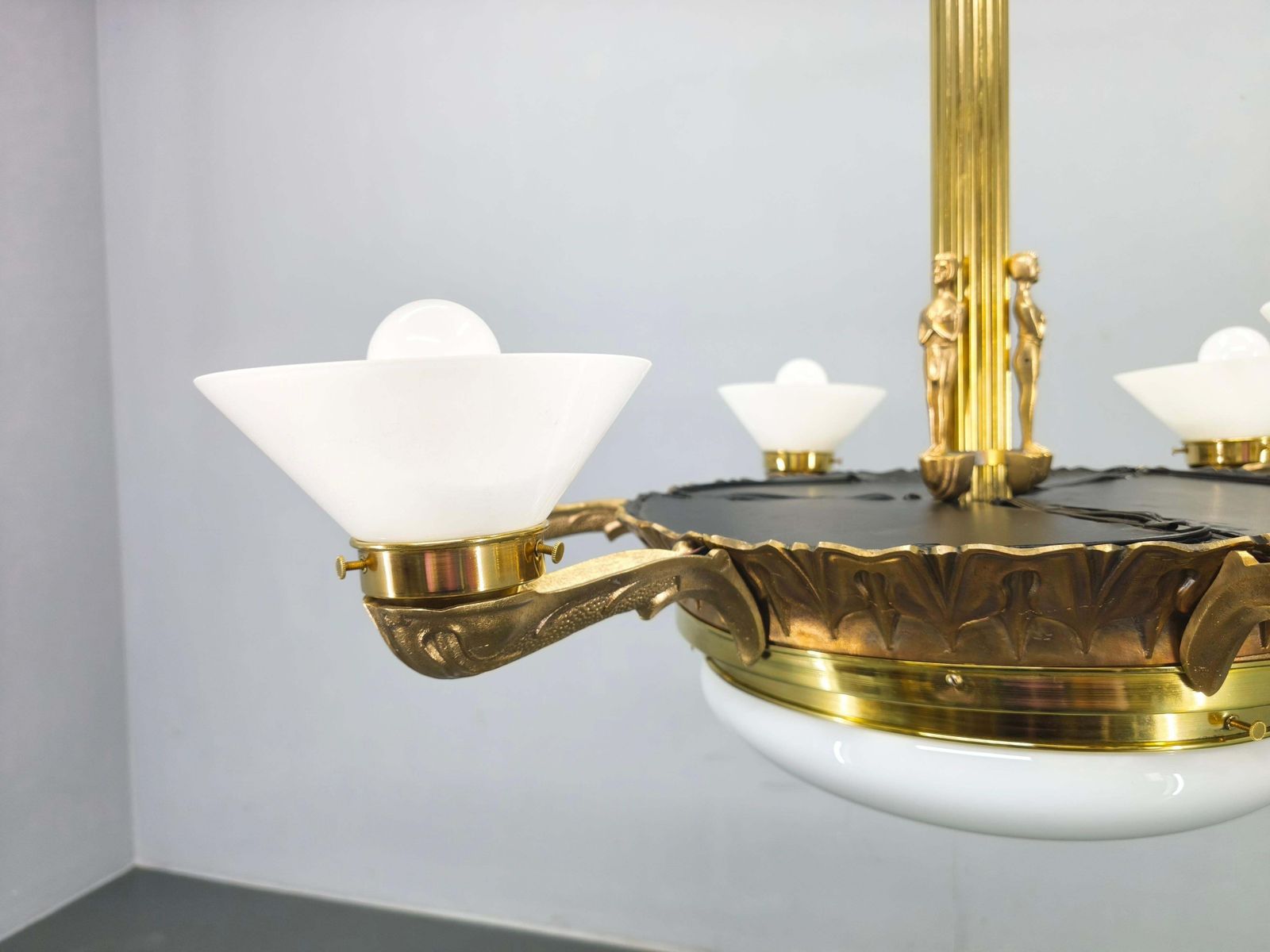 Art Deco Brass Chandelier With Glass Shades, Czechoslovakia, 1930s photo vinterior