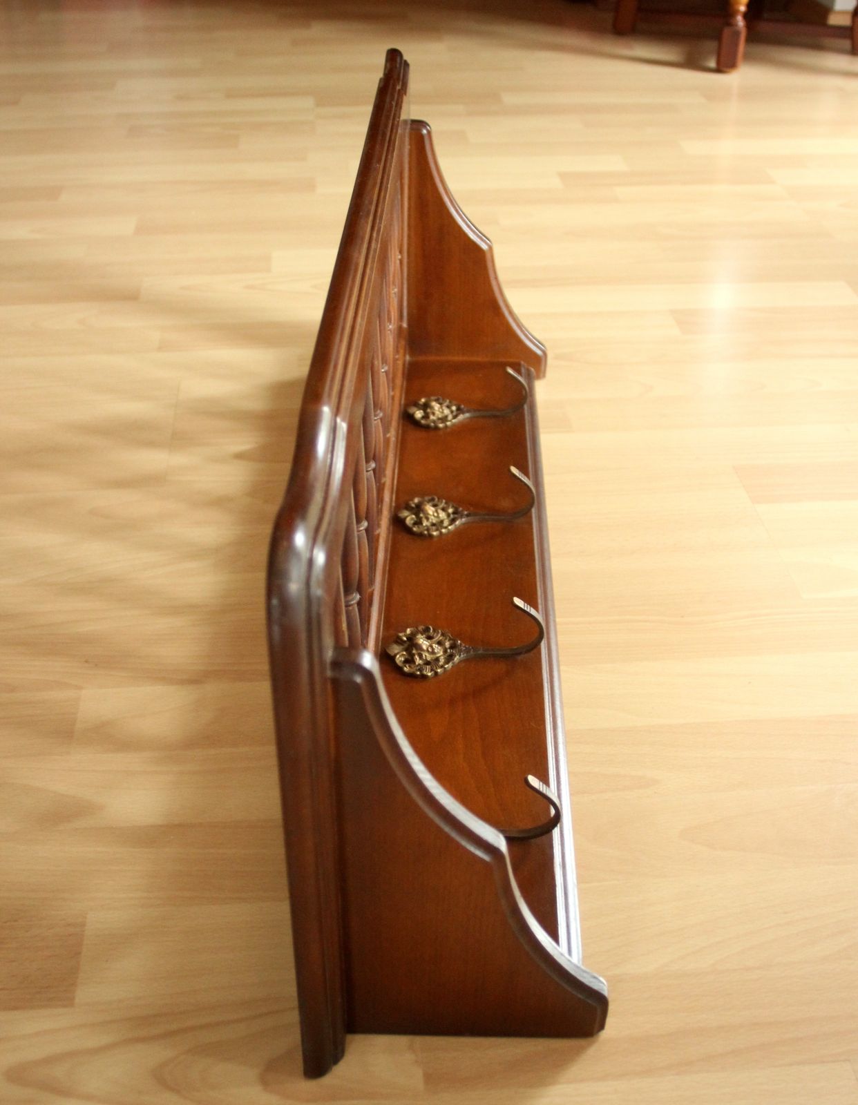 Wall Mounted Coat Rack  Made Of Walnut Wood With 4 Brass Hooks   Vintage From The 50s photo 118.0