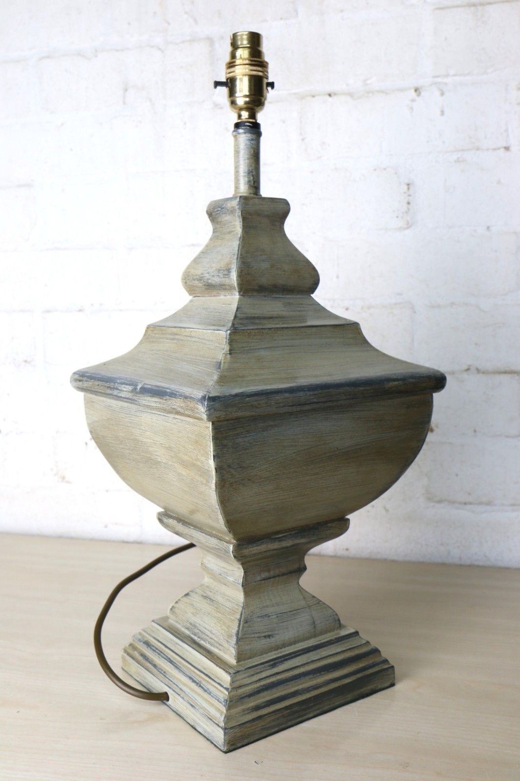 photo buy Table Lamp Vintage Large Ethnic Pagoda Shaped Wooden Lamp Distressed Grey Finish