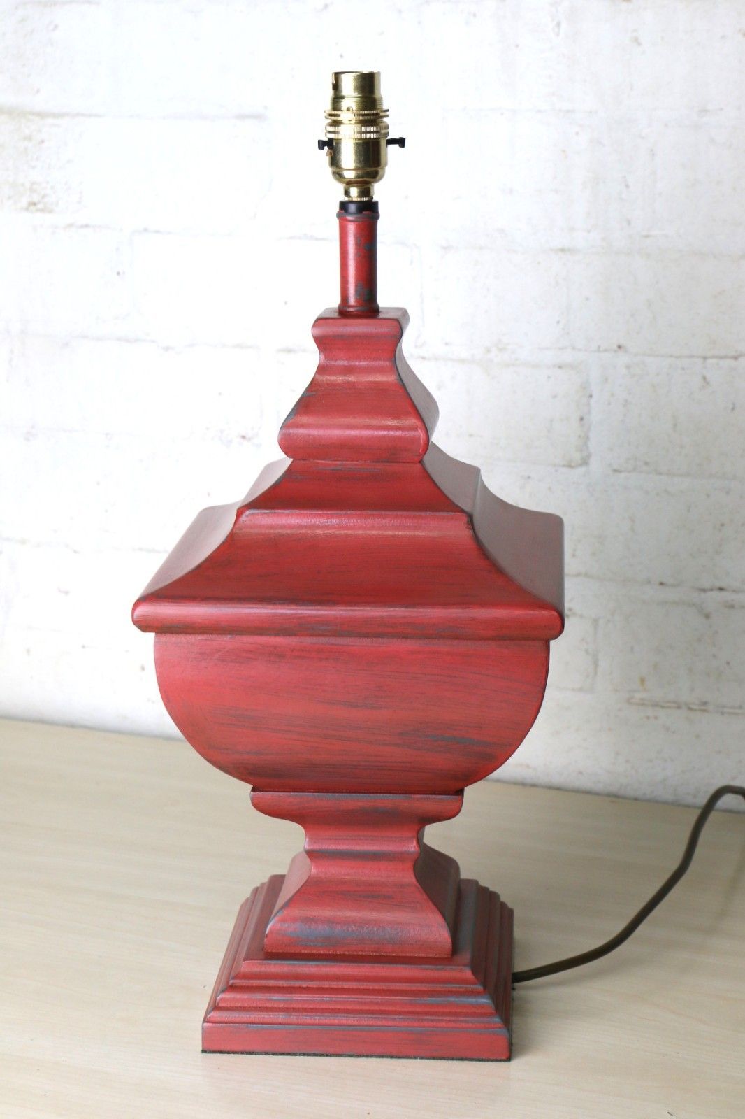 Table Lamp Vintage Large Ethnic Pagoda Shaped Wooden Lamp Distressed Red Finish photo buy