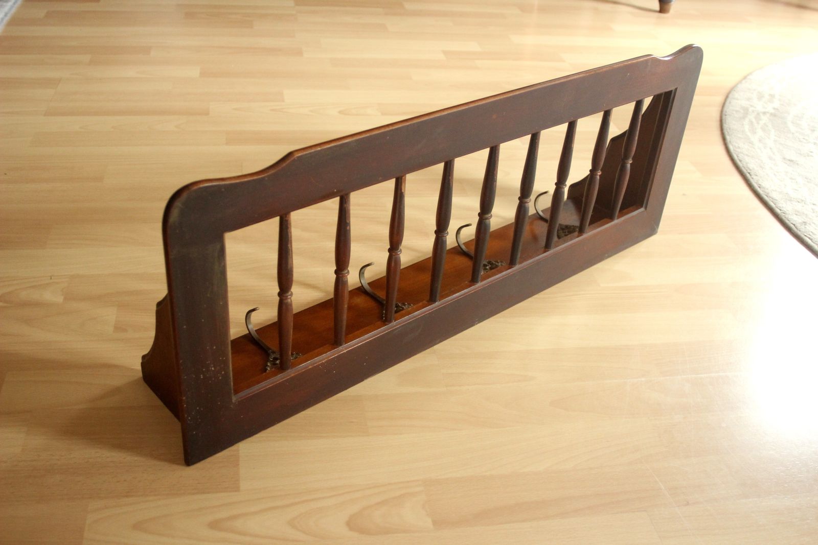Wall Mounted Coat Rack  Made Of Walnut Wood With 4 Brass Hooks   Vintage From The 50s photo vintage