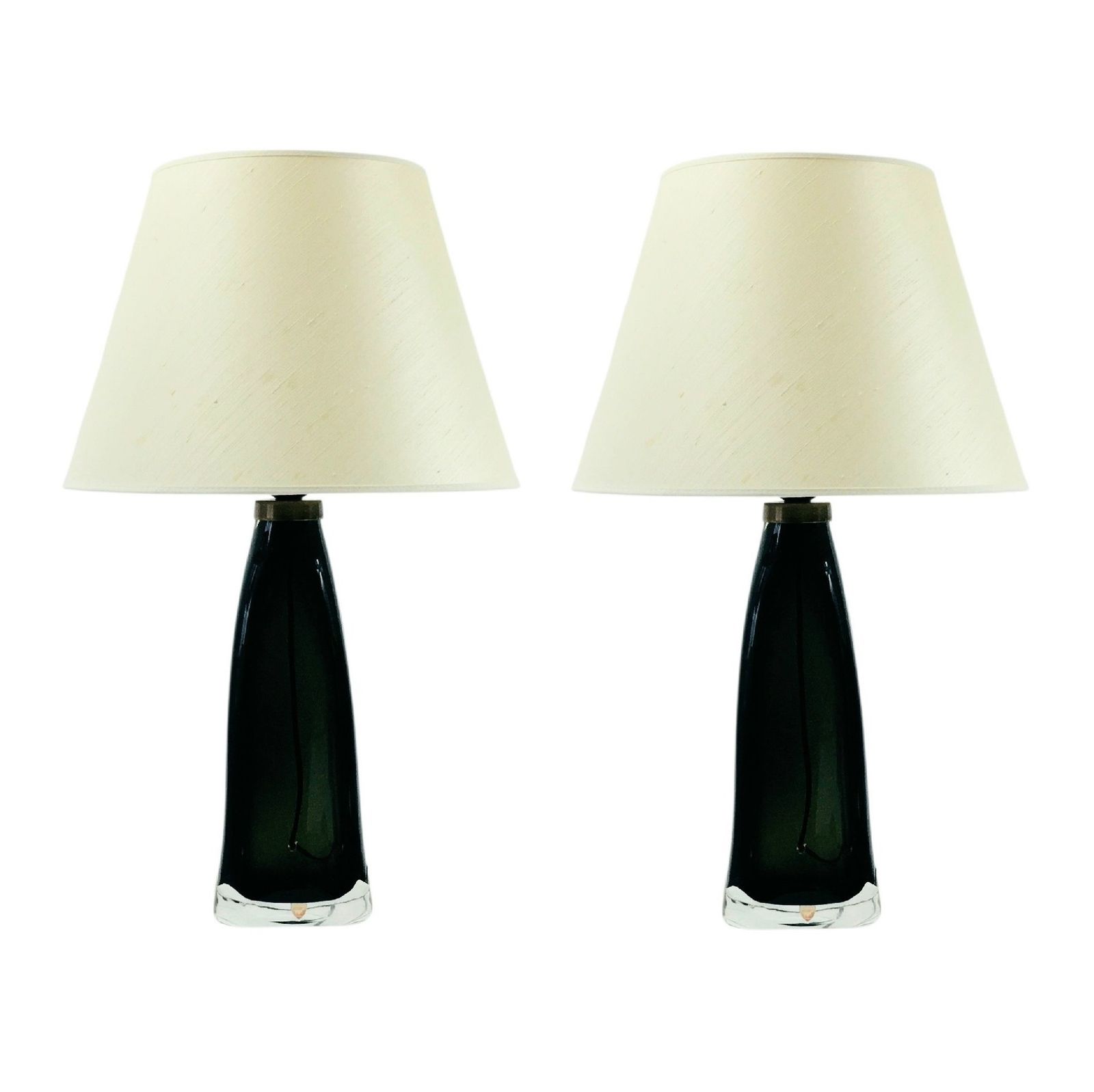 Pair Of Scandinavian Mid Century Modern Glass & Brass Table Lamps Model Rd 1323 By Carl Fagerlund For Orrefors, Sweden, 1960s