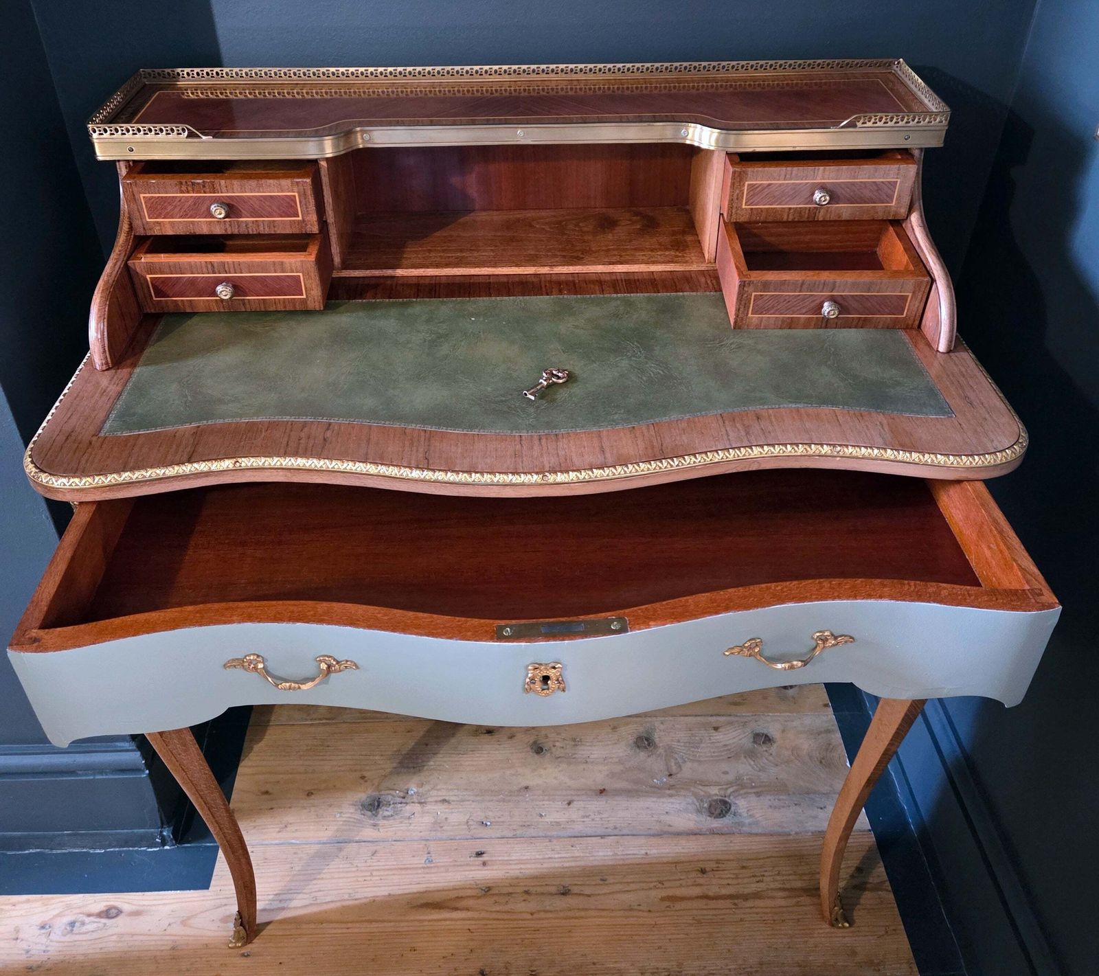Vintage Writing Desk Ladies' Secretary Louis XV Style, Brass Detail, Green Leather Top photo Furniture