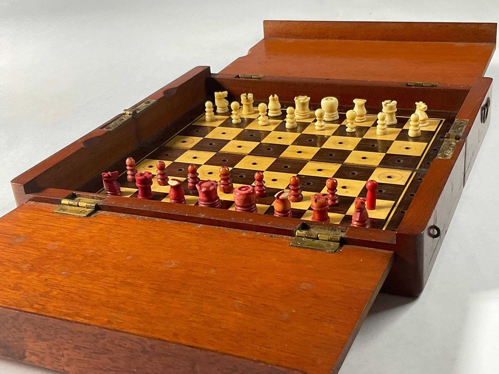 Antique Victorian Mahogany Travel Chess Set – Hand Turned Bone Pieces – C.1880 photo furniture