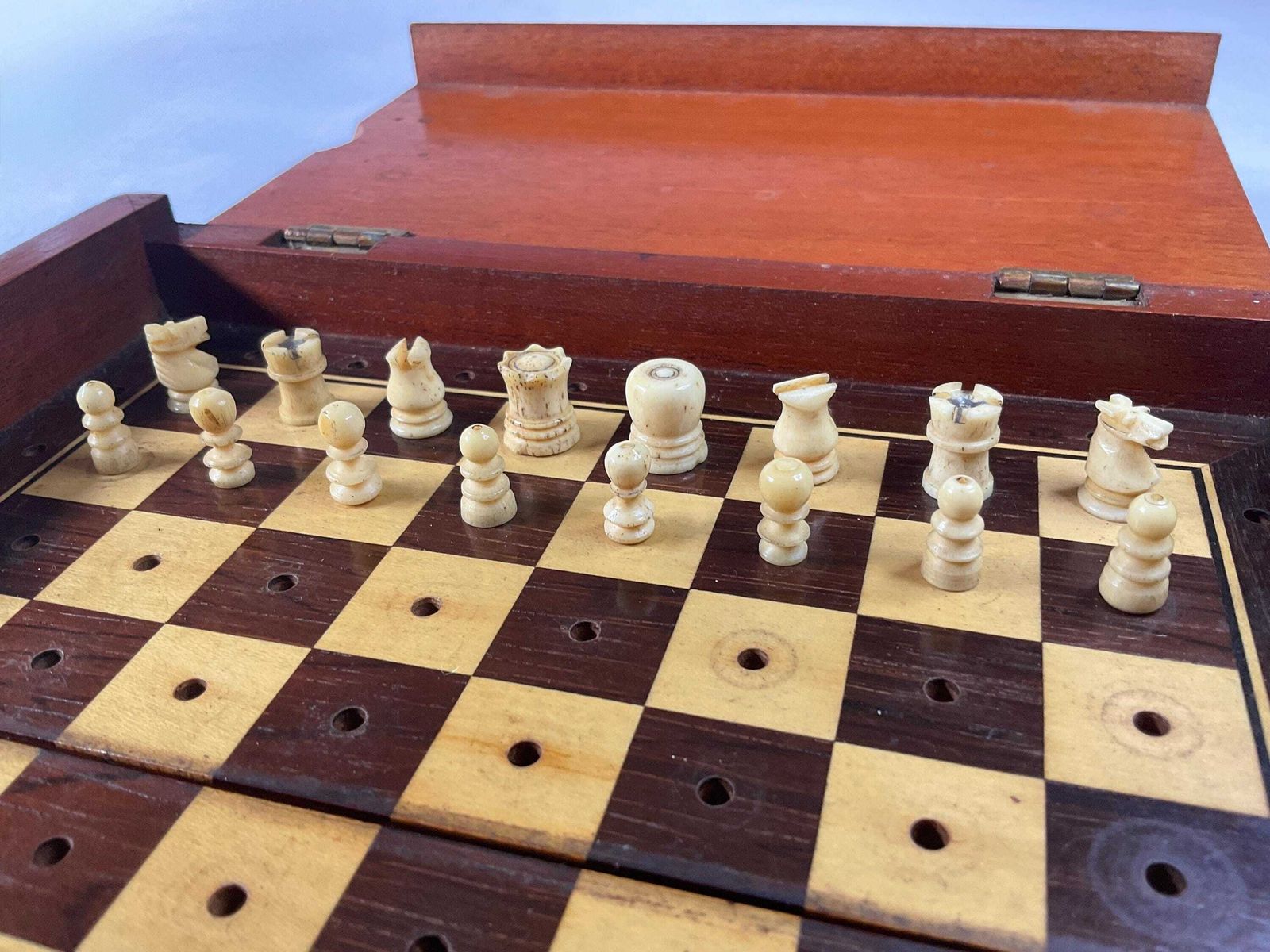 photo furniture Antique Victorian Mahogany Travel Chess Set – Hand Turned Bone Pieces – C.1880