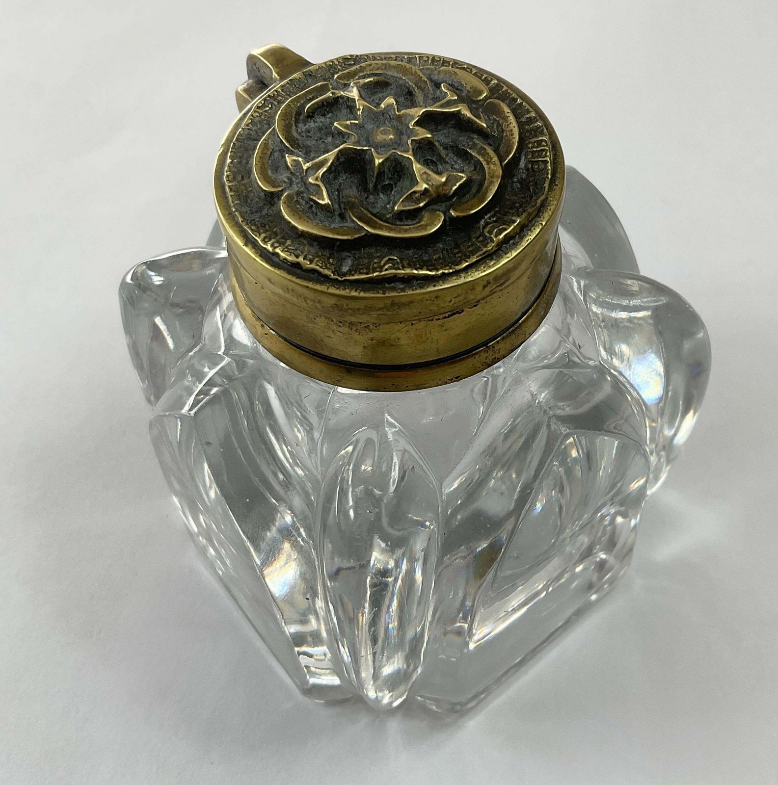 Decorative Victorian Glass Inkwell – Ornate Floral Chased Brass Lid – C.1890 photo for sale
