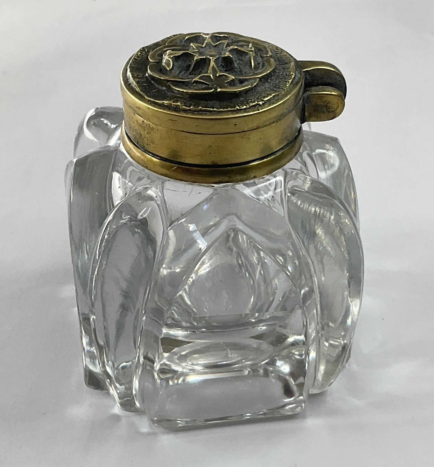 Home Decor Decorative Victorian Glass Inkwell – Ornate Floral Chased Brass Lid – C.1890 photo