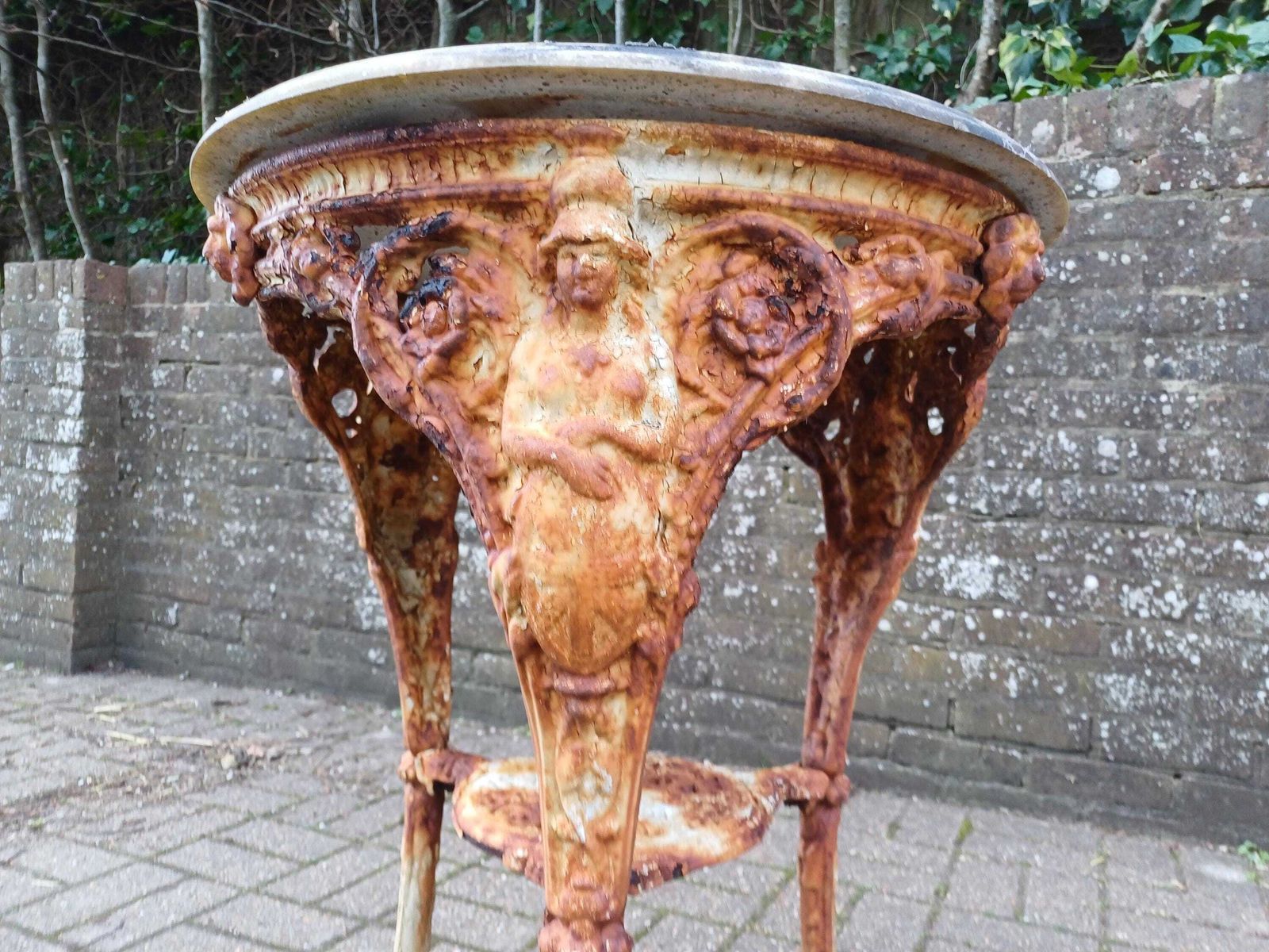 photo for sale Late Victorian Britannia Cast Iron Side Table   Antique Garden Table  Shabby Chic Rust Patina   English Outdoor Table