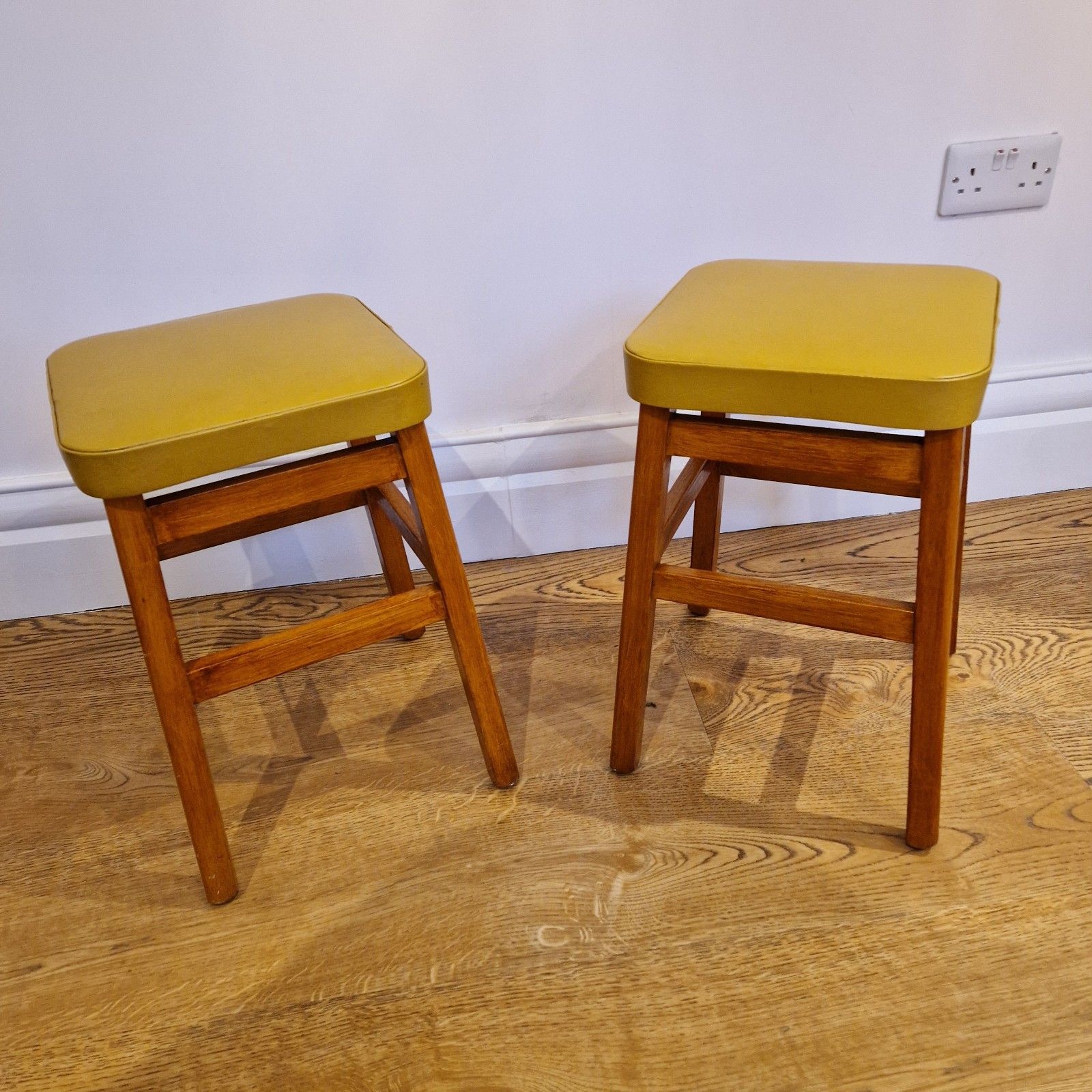 Vintage Mid Century Beech Wood Stools With Yellow Vinyl Seats – Set Of 2 photo 120.0