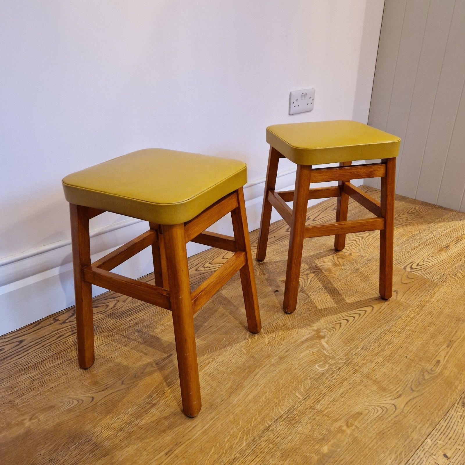 Vintage Mid Century Beech Wood Stools With Yellow Vinyl Seats – Set Of 2 photo vinterior