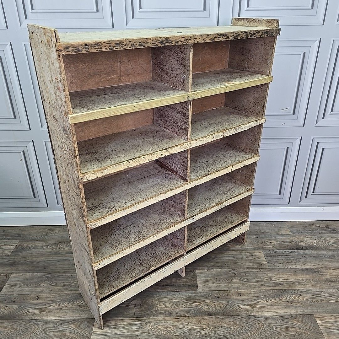 Vintage Industrial Shelving Unit Wooden Workshop Storage Shelves Pigeon Hole photo for sale