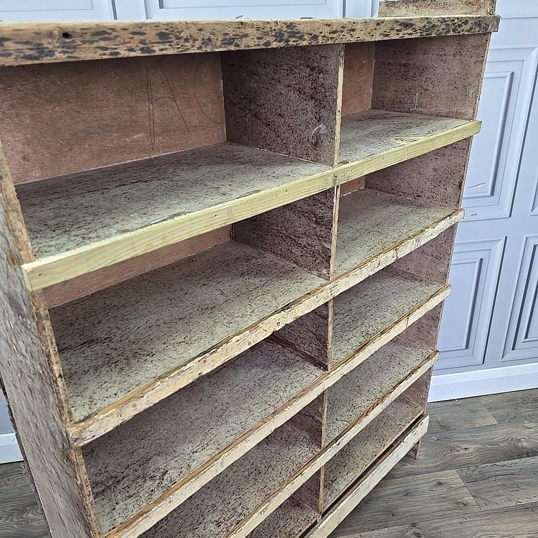 Vintage Industrial Shelving Unit Wooden Workshop Storage Shelves Pigeon Hole photo vinterior