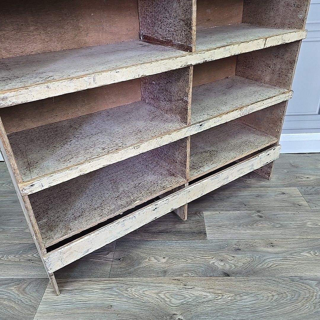 Vintage Industrial Shelving Unit Wooden Workshop Storage Shelves Pigeon Hole photo vintage