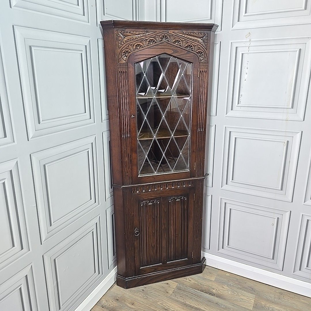 Vintage Corner Cabinet Leaded Glass Oak Gothic Revival Antique Style Cupboard photo furniture