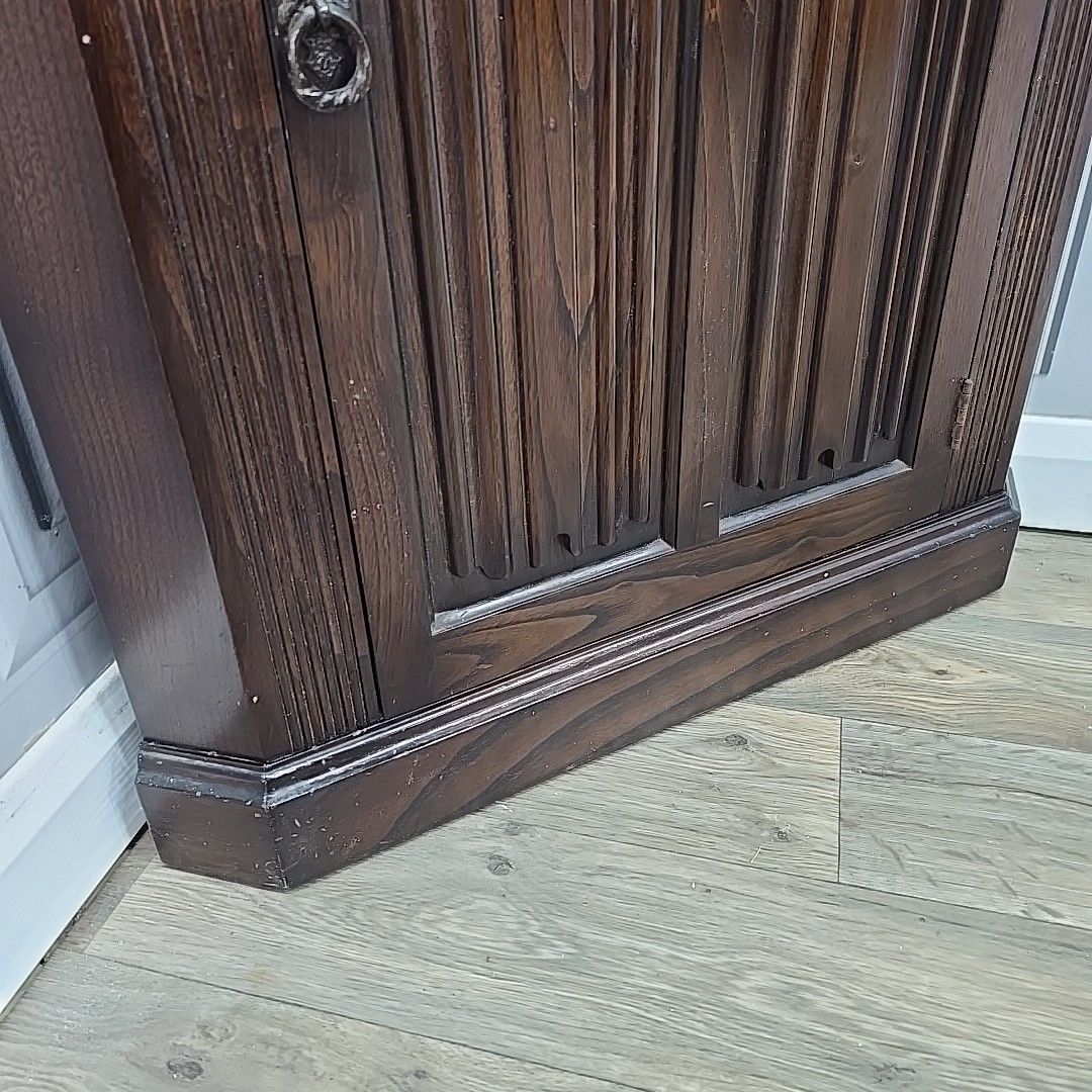 photo buy Vintage Corner Cabinet Leaded Glass Oak Gothic Revival Antique Style Cupboard
