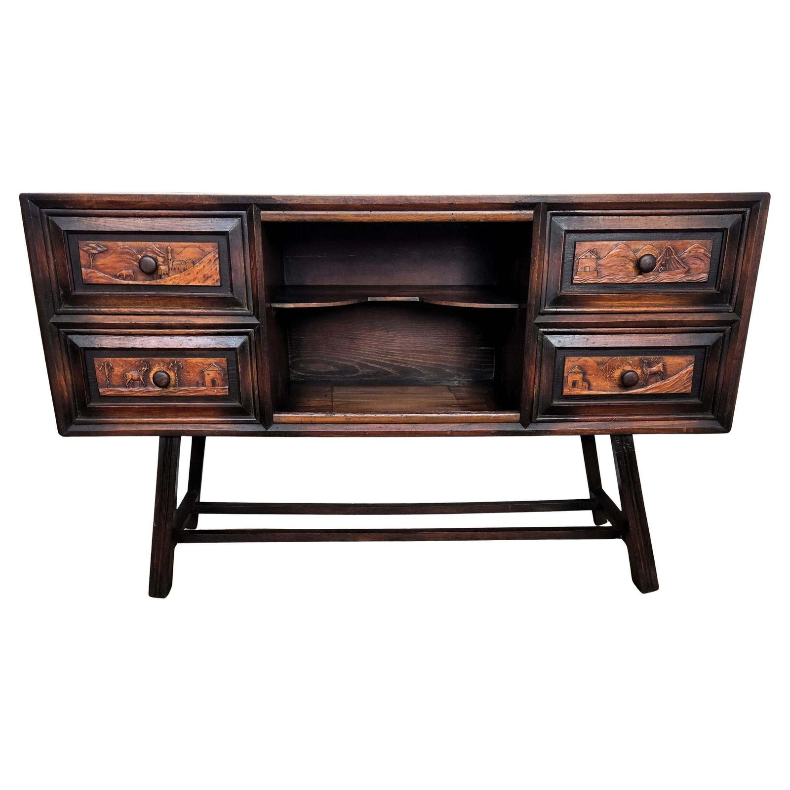 Italian Alpine Rustic Folk Art Chalet Carved Italian Sideboard Credenza