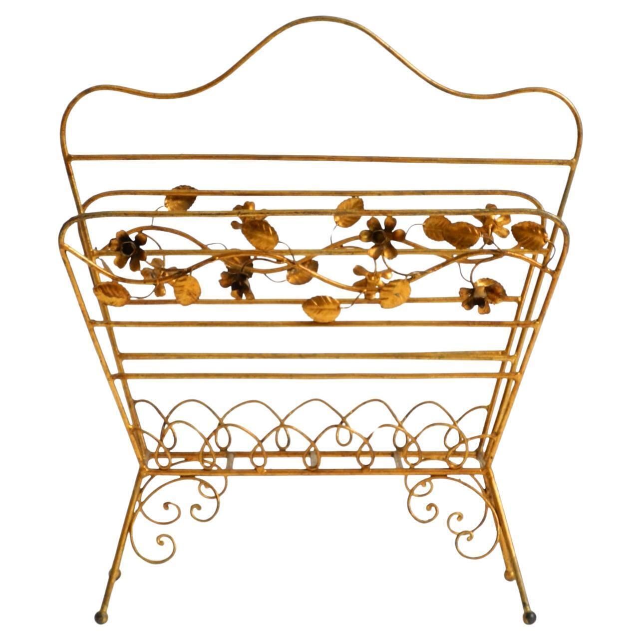 Extraordinary Mid Century Newspaper And Magazine Rack With A Gilded Metal Frame