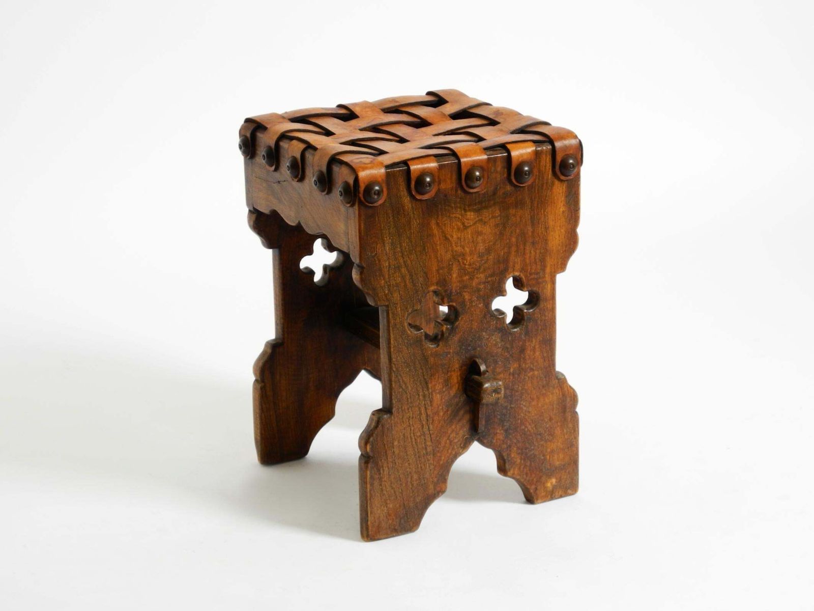 Beautiful 1940s Oak Stool With A Seat Made Of Leather Straps photo furniture