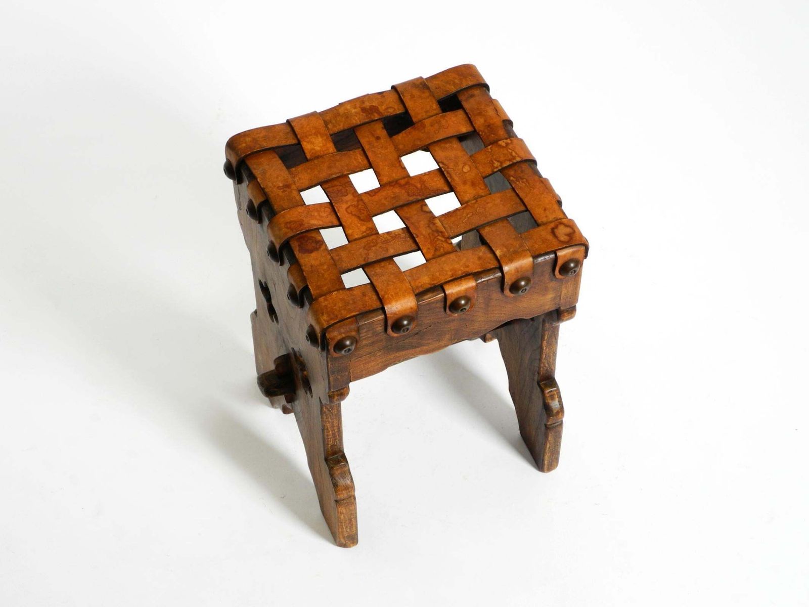 Beautiful 1940s Oak Stool With A Seat Made Of Leather Straps photo for sale
