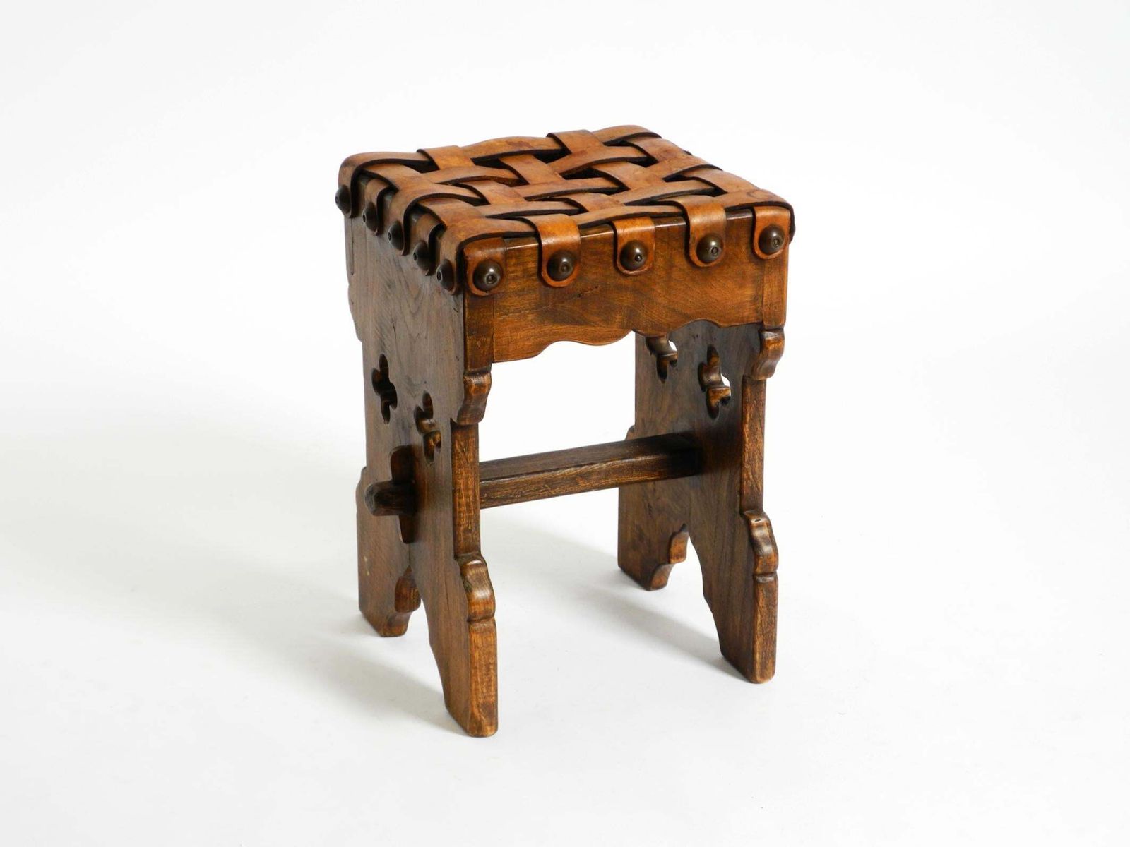 Beautiful 1940s Oak Stool With A Seat Made Of Leather Straps photo buy