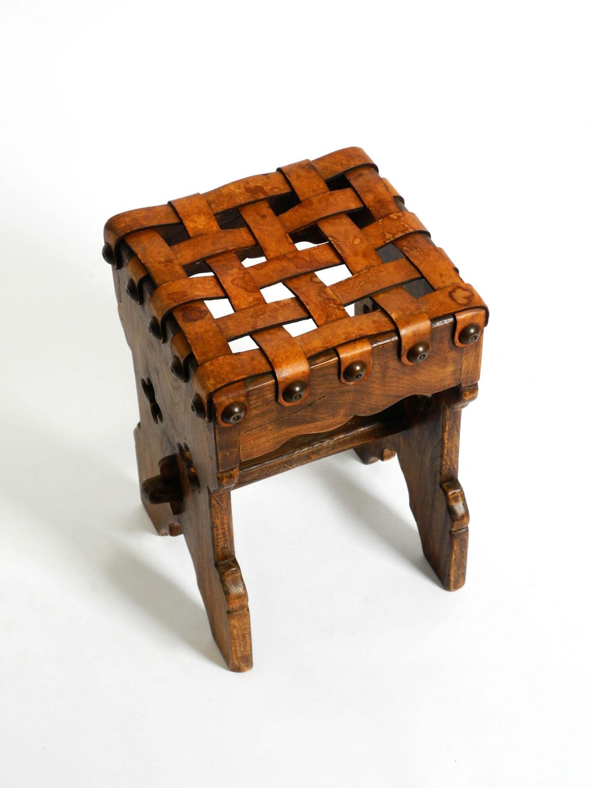 Furniture Beautiful 1940s Oak Stool With A Seat Made Of Leather Straps photo