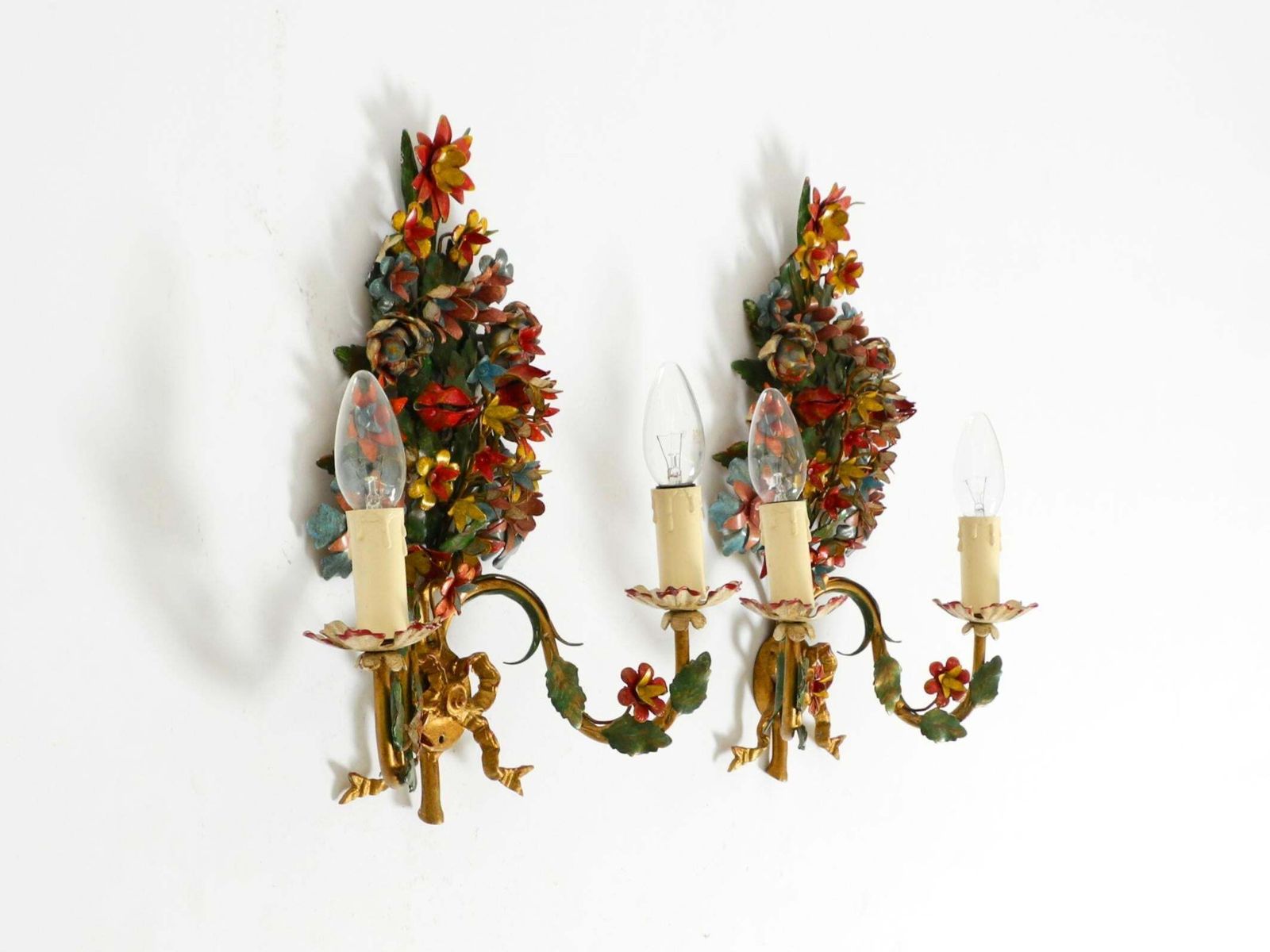 A Pair Of Beautiful 60s Hand Painted And Gilded Metal Wall Lamps By Hans Möller photo for sale