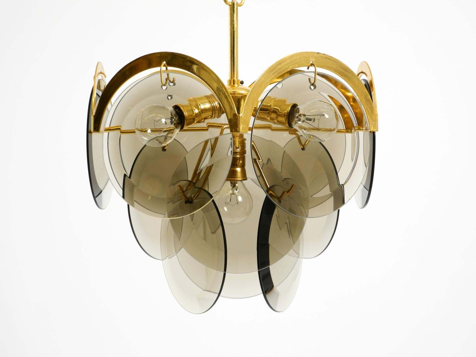 Beautiful 1960s Large Brass Ceiling Chandelier With Large Round Glass Plates photo for sale