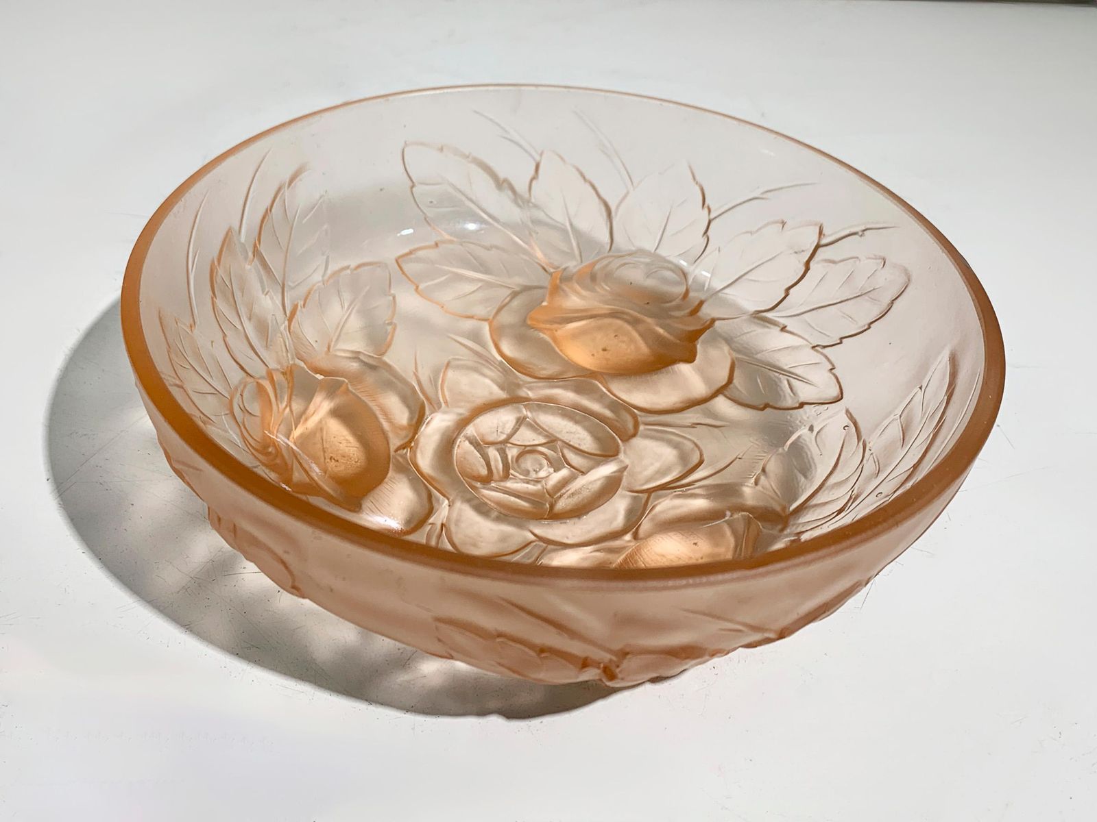 Muller Frères Lunévill Art Deco Peach Frosted Pressed Glass Rose Centerpiecebowl photo vintage