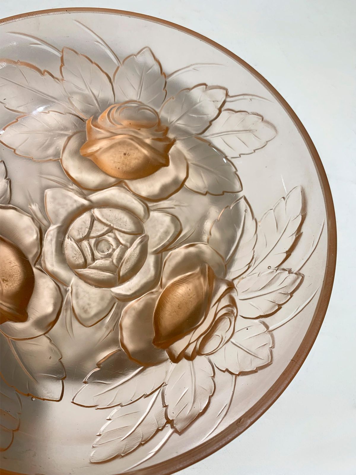 photo for sale Muller Frères Lunévill Art Deco Peach Frosted Pressed Glass Rose Centerpiecebowl