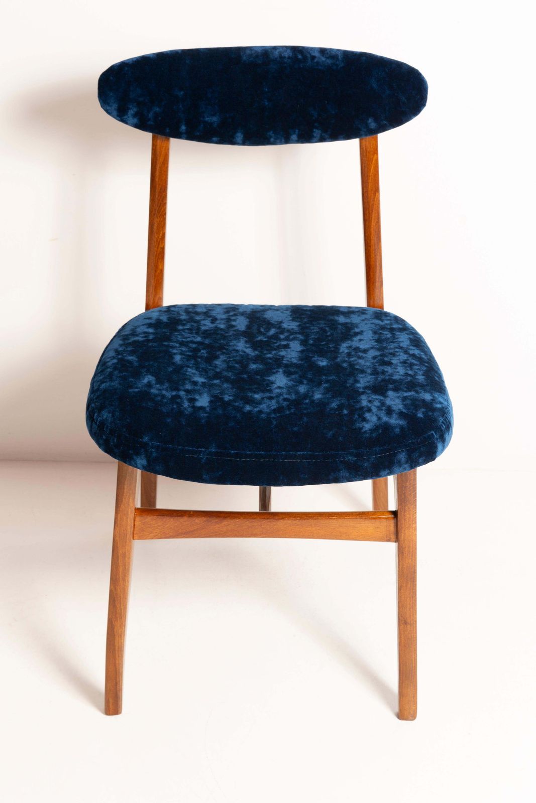 photo for sale Mid Century Navy Blue Velvet Chair, Walnut Wood, Rajmund Halas, 1960s