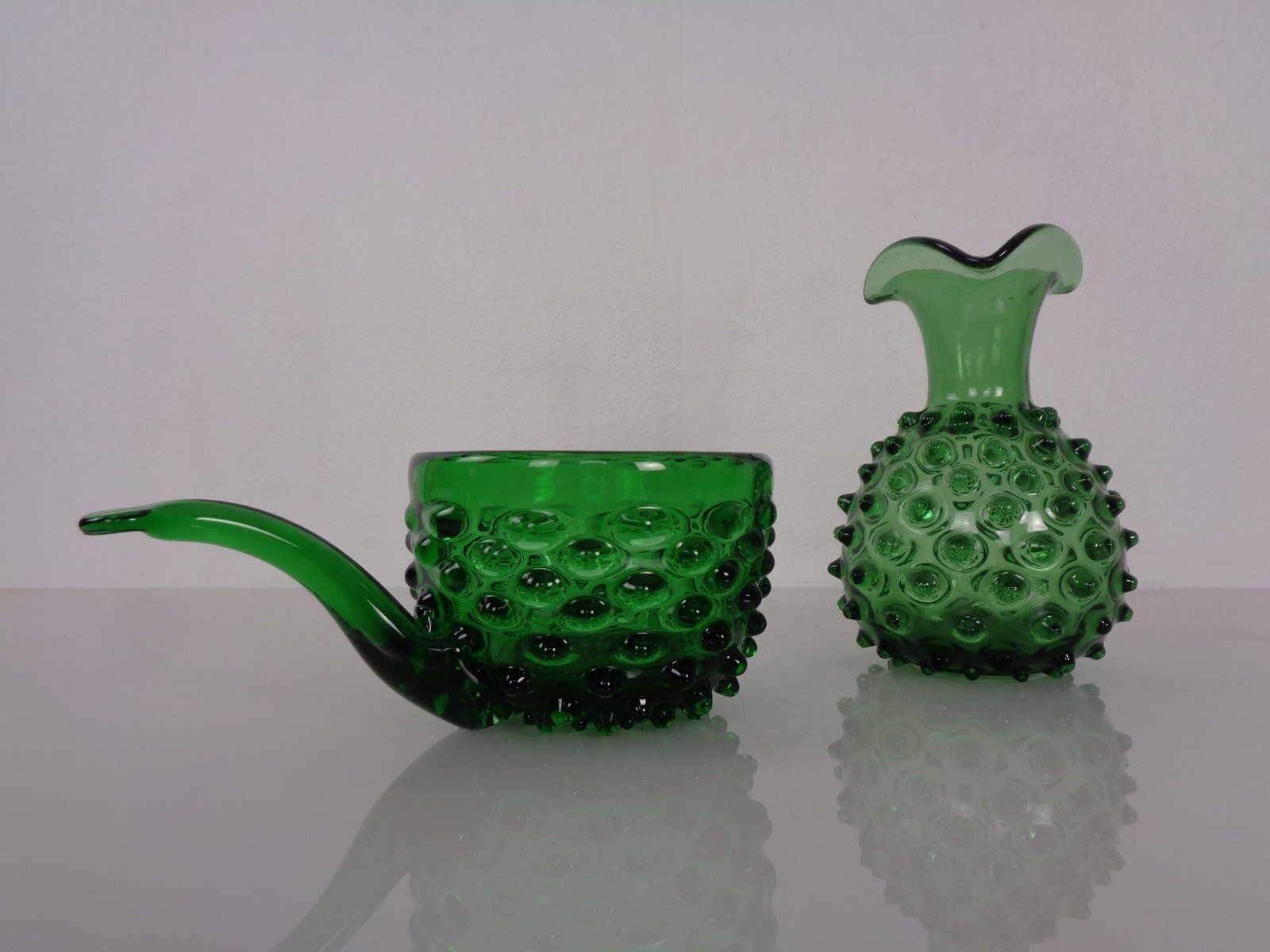 Italian Green Bubble Glass Vase & Bowl From Empoli, 1960s, Set Of 2 photo 216.0
