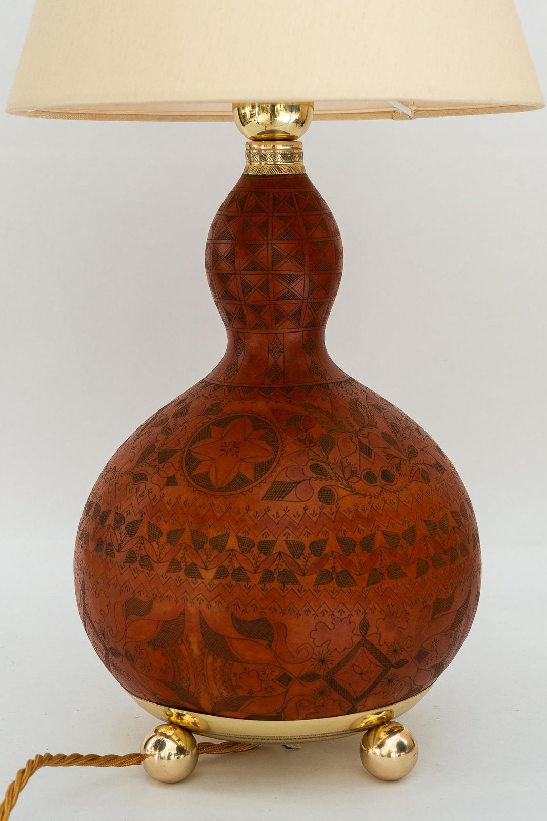 Art Deco Table Lamp With A Sort Of Pumpkin Hand Engraved With Fabric Shade 1920s photo furniture